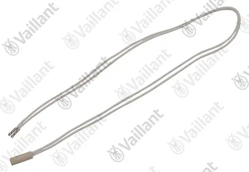 Weißer Sensor mit zwei Leitungen und einem Stecker, hergestellt von Vaillant. Dient zur Temperaturmessung in Heizungsanlagen.